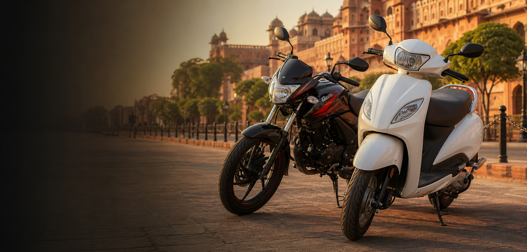 A white scooter and black commuter motorcycle ready for rent
